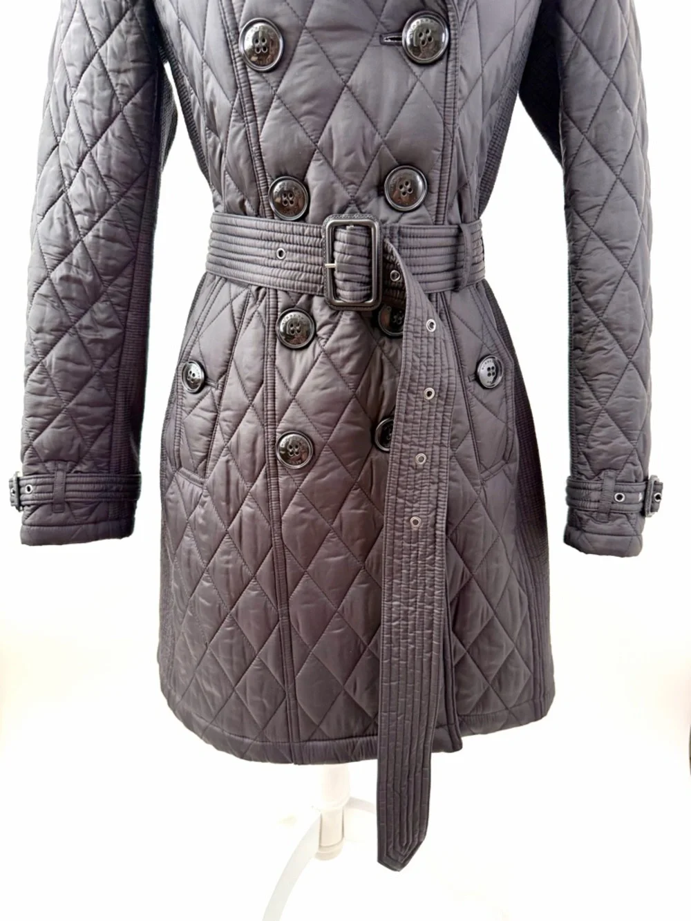 BURBERRY | Black Quilted Double Breasted Trench Coat Belted Jacket Check Small - Picture 4 of 12